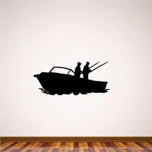 Fishing boat wall decal with two silhouetted men fishing and rods in a dark boat