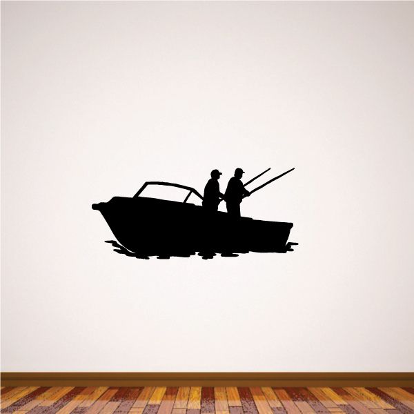 Fishing boat wall decal with two silhouetted men fishing and rods in a dark boat