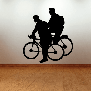 Bicycle wall decal of two riders on a mountain bike, black silhouette figures