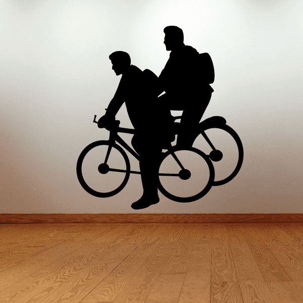 Bicycle wall decal of two riders on a mountain bike, black silhouette figures