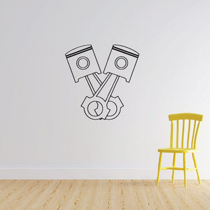 Motorcycle piston decal with two pistons and connecting rod, black outline