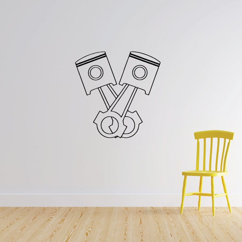 Motorcycle piston decal with two pistons and connecting rod, black outline