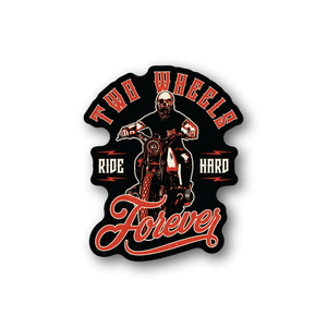 Motorcycle vinyl sticker with skull rider, 'Ride Hard' and 'Forever'