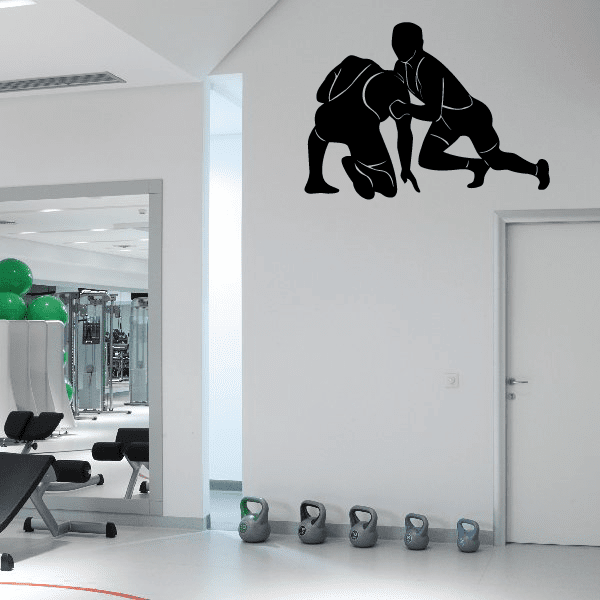 Two wrestlers wrestling wall decal, black silhouette pair grappling
