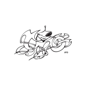 UFO alien graffiti decal with smiling face, UFO and black-and-white spray lines