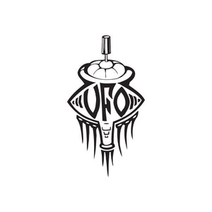 UFO spray paint can decal with black-and-white UFO graphic, dripping spray accents