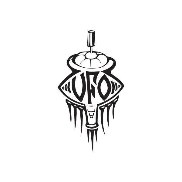 UFO spray paint can decal with black-and-white UFO graphic, dripping spray accents