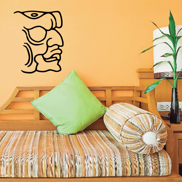 Stylized face wall decal in black line art, profile view with headdress