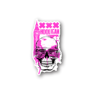 UK Hooligan vinyl sticker with pink skull wearing sunglasses and “HOOLIGAN” text