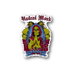 Vinyl sticker of Undead Monk graphic with skulls, halo, and red/blue text