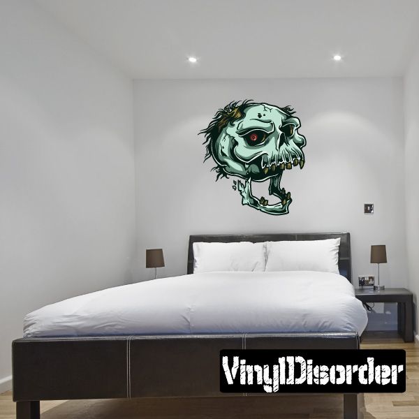 Undead skull wall sticker with green skull, red eye, and black outlines