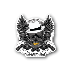 Vinyl sticker with skull wearing cowboy hat, wings, crossed pistols, and 'Undefeated' text.