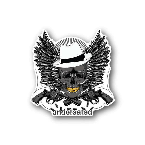 Vinyl sticker with skull wearing cowboy hat, wings, crossed pistols, and 'Undefeated' text.