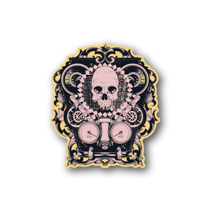 Skull vinyl sticker with ornate clockwork design and decorative frame