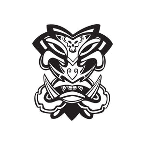 Black-and-white tiki skull decal with tribal knot and mask details