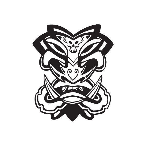 Black-and-white tiki skull decal with tribal knot and mask details