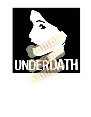 Underoath face decal sticker with white hooded skull and UNDEROATH text
