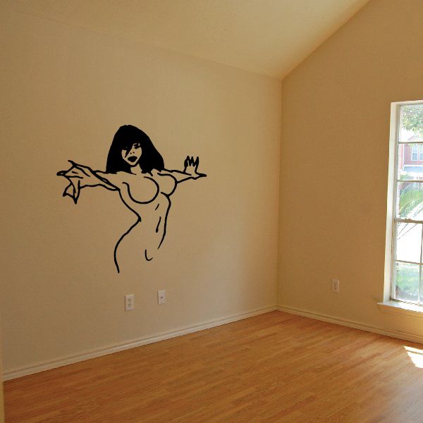 Mermaid-style line art wall decal with a black silhouette figure