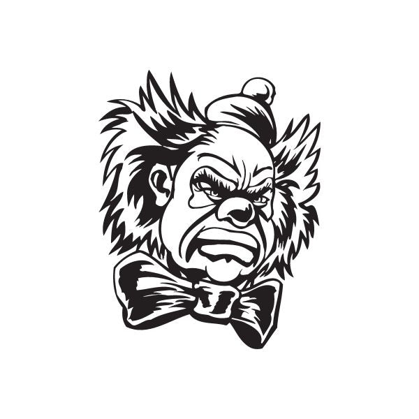 Clown head decal with bow tie, black-and-white angry face design
