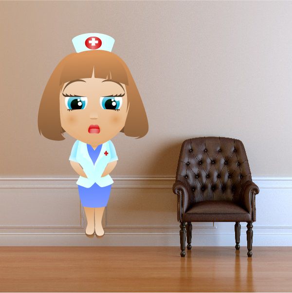 Nurse cartoon sticker of a sad nurse with blue uniform and red cross hat