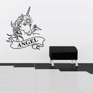 Unicorn wall decal vinyl of a black outline unicorn with an "ANGEL" banner