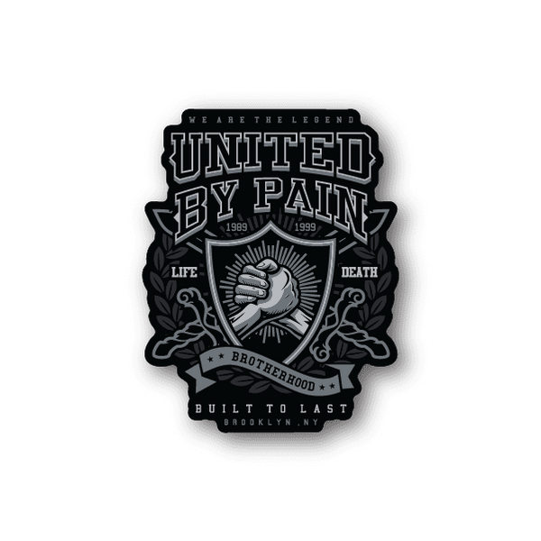 Vinyl sticker with United by Pain emblem, raised fist, laurel wreath, banner