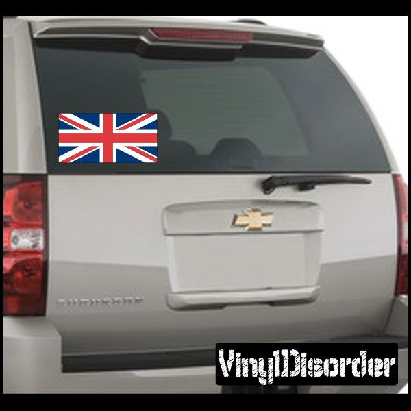 Union Jack flag sticker with blue, red, and white crosses on a vehicle window