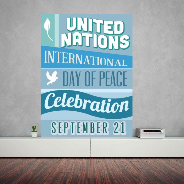 Peace day vinyl wall decal with United Nations typography and doves, September 21