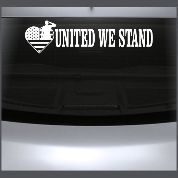 United We Stand decal with heart flag icon and bold white text on dark background