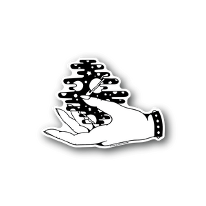 Vinyl sticker showing a hand holding a galaxy sphere, white design