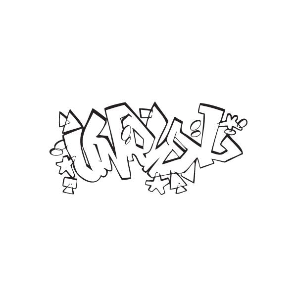 Graffiti decal with stylized black-and-white tag letters and small stars