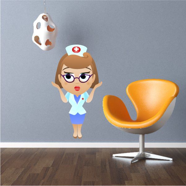 Nurse cartoon wall sticker: glasses nurse in blue scrubs with red-cross hat and stethoscope