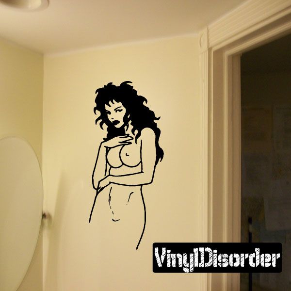 Curly-haired woman decal with line-art bust, holding hand on chest; VinylDecorDer logo