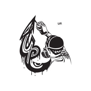 Graffiti decal: black cartoon figure with 'UP' lettering