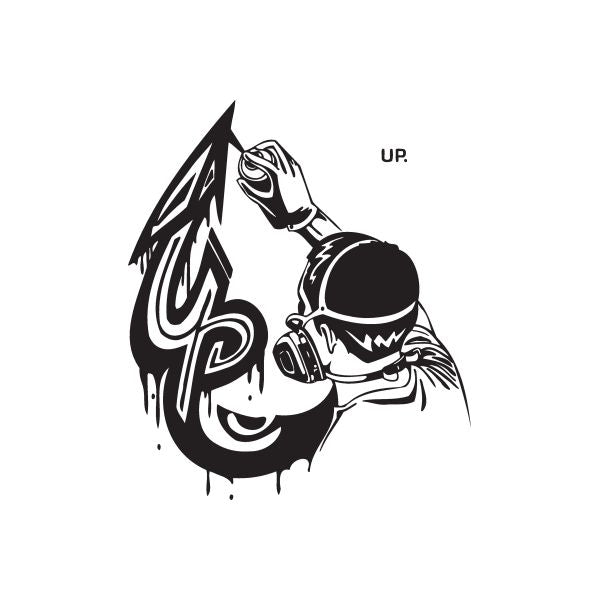 Graffiti decal: black cartoon figure with 'UP' lettering