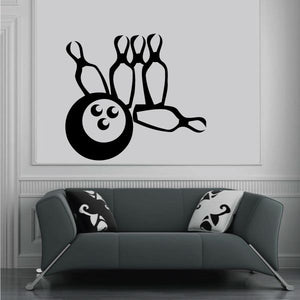 Bowling ball and pins wall decal graphic, black and white.