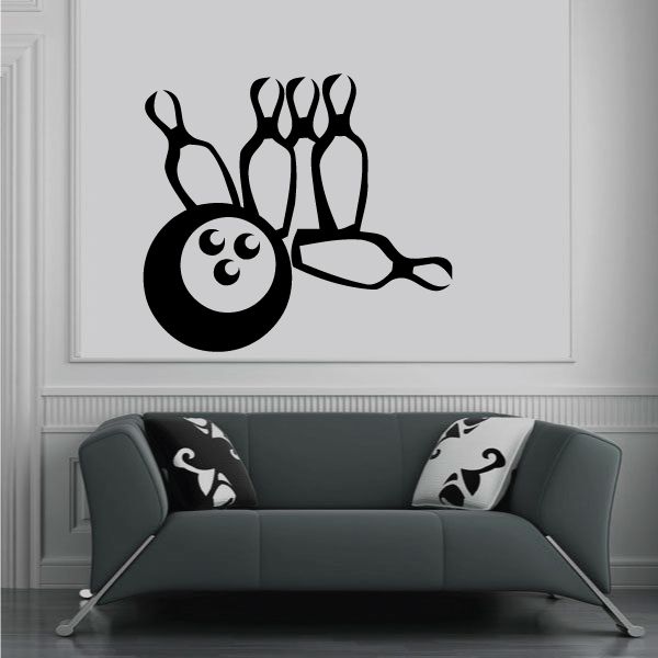 Bowling ball and pins wall decal graphic, black and white.
