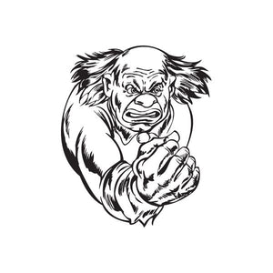 Clown decal, black-and-white line art of a snarling clown with wild hair