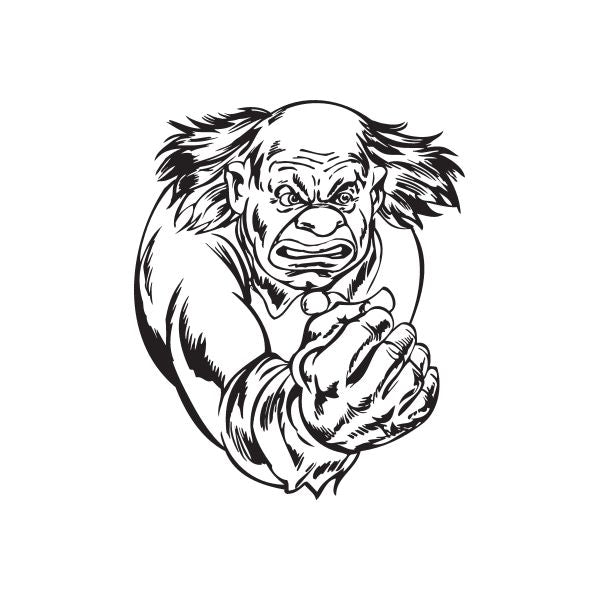 Clown decal, black-and-white line art of a snarling clown with wild hair