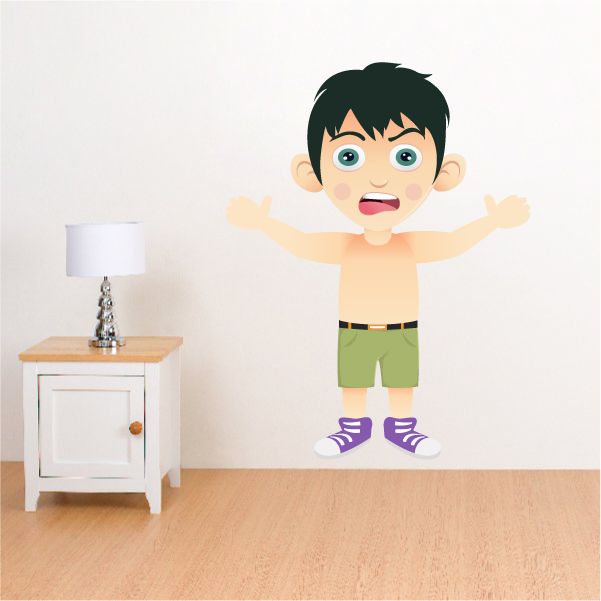 Cartoon boy sticker with dark hair, arms out, green shorts, purple shoes