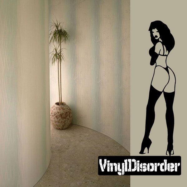 Lingerie and high-heel woman silhouette decal, VinylDisorder logo at bottom