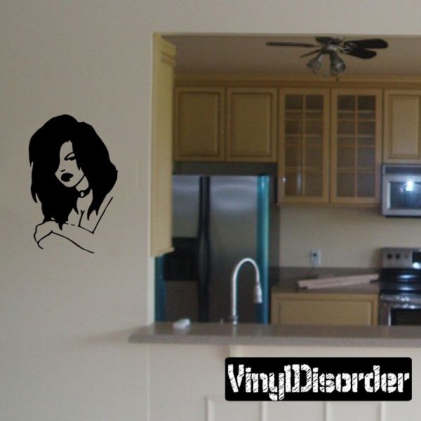 Upset woman with choker vinyl wall decal, black and white silhouette