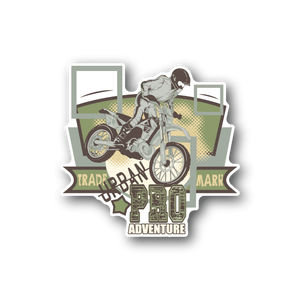 Dirt bike rider vinyl sticker with bold PRO ADVENTURE text, green and white design