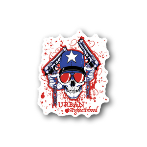 Skull vinyl sticker with star cap, red splatter, and sunglasses graphic