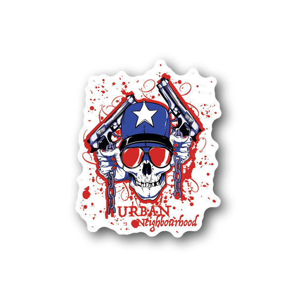 Skull vinyl sticker with star cap, red splatter, and sunglasses graphic