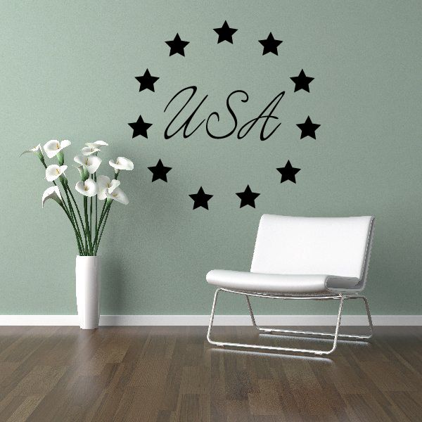USA wall decal with black stars circle and cursive lettering
