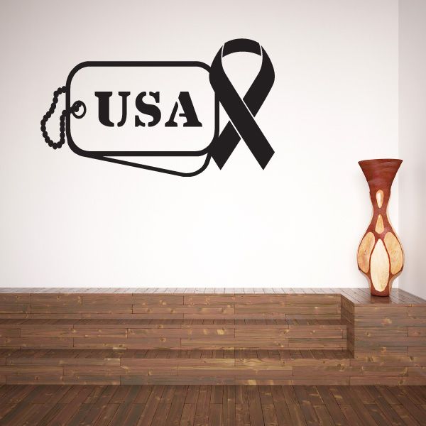 USA dog tag decal with black awareness ribbon, outlined on white background
