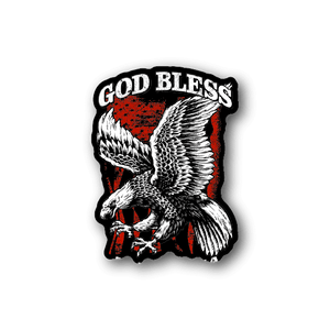 Eagle vinyl sticker with GOD BLESS text and red-white background