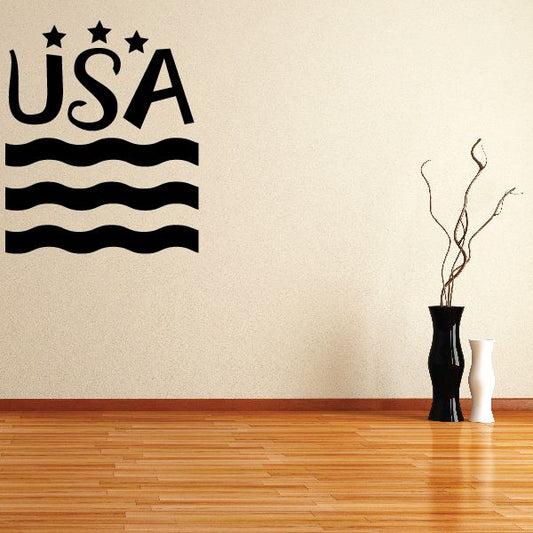 Black USA flag wall decal with stars and wavy stripes
