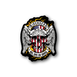 Vinyl bikerhead skull sticker with wings, flames, and USA flag skull graphic